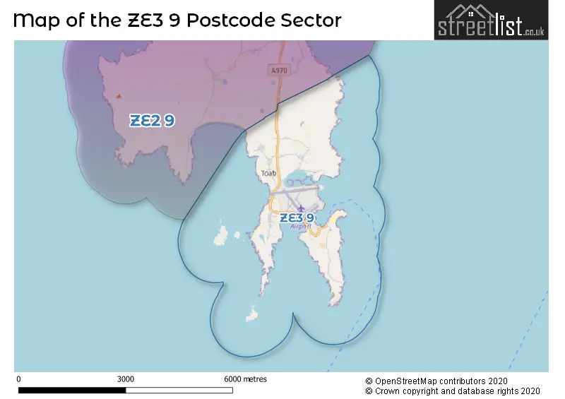 Map of the ZE3 9 and surrounding postcode sector